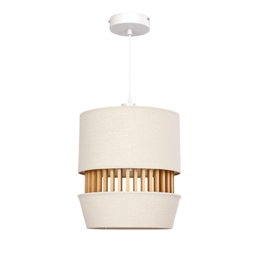 **Lampa wisząca z materiału tekstylnego i drewnianym akcentem**