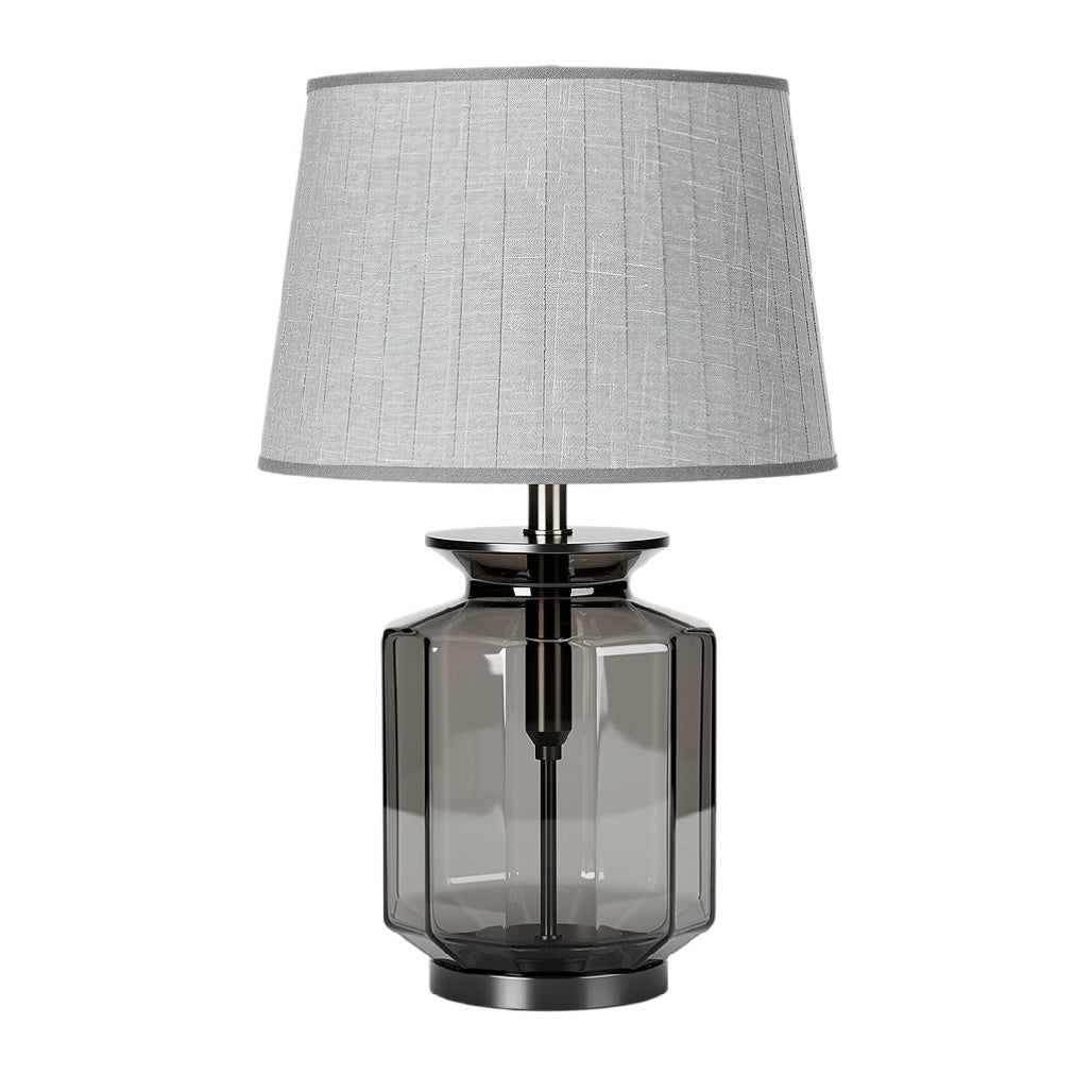 **Nowoczesna lampa stołowa z szarego szkła i tkaninowym kloszem**